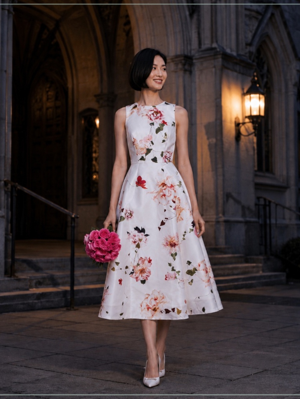 $3995 Monique Lhuillier Peony Garden Fit and Flare Silk Floral Runway Midi Dress